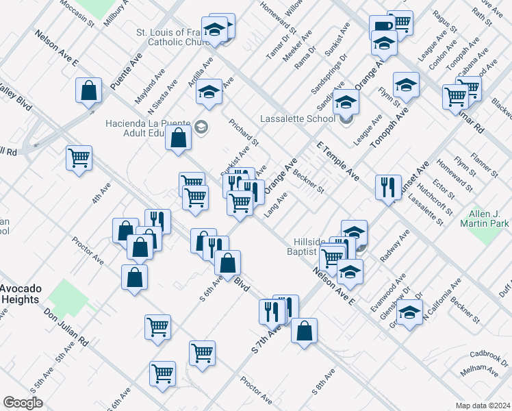map of restaurants, bars, coffee shops, grocery stores, and more near 321 North Orange Avenue in La Puente