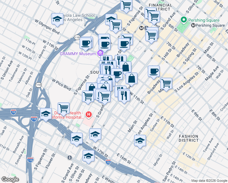 map of restaurants, bars, coffee shops, grocery stores, and more near 1137 South Grand Avenue in Los Angeles