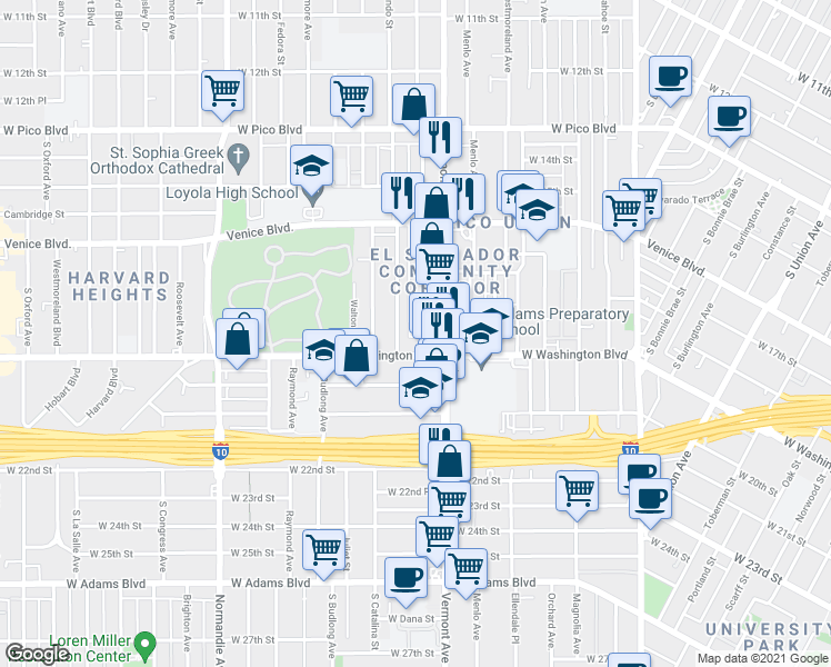 map of restaurants, bars, coffee shops, grocery stores, and more near 1812 South Berendo Street in Los Angeles