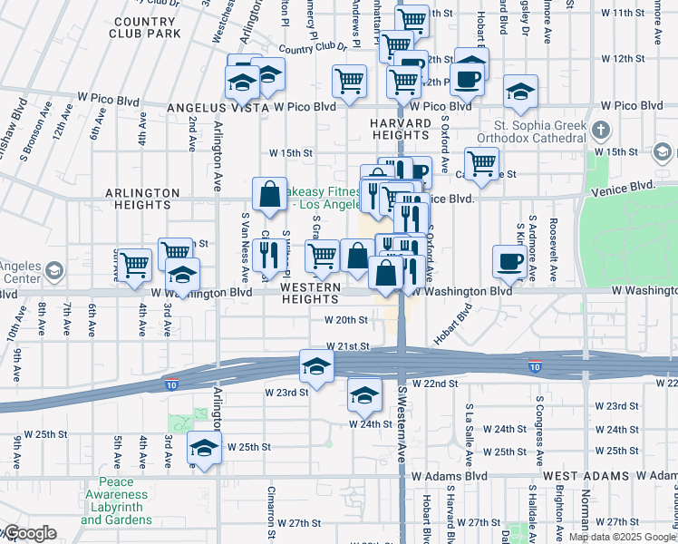 map of restaurants, bars, coffee shops, grocery stores, and more near 1824 South Gramercy Place in Los Angeles