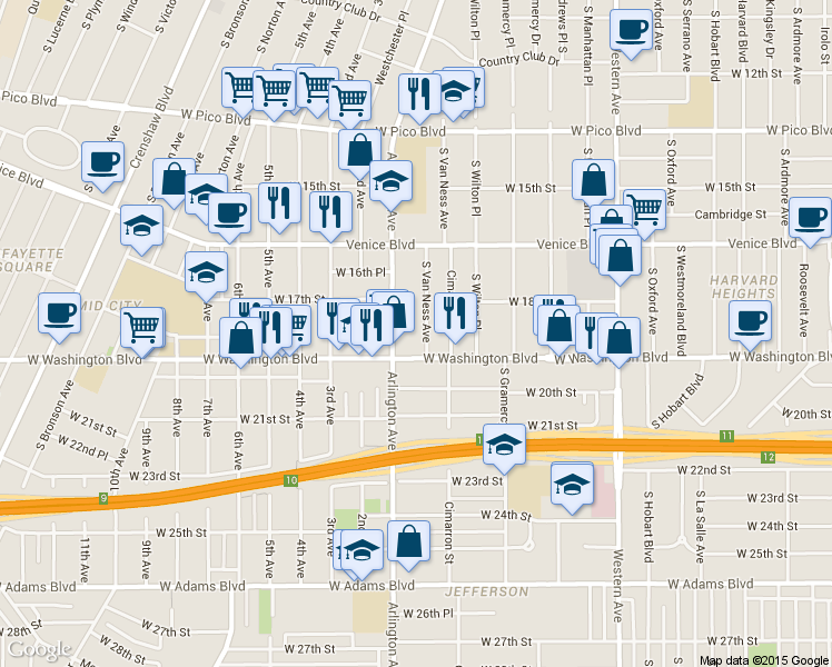 map of restaurants, bars, coffee shops, grocery stores, and more near 1819 South Van Ness Avenue in Los Angeles