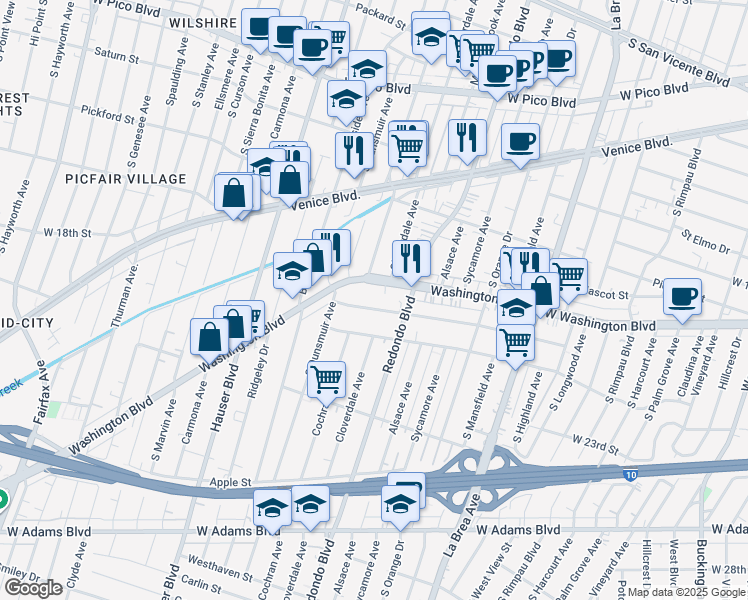 map of restaurants, bars, coffee shops, grocery stores, and more near 5200 Washington Boulevard in Los Angeles