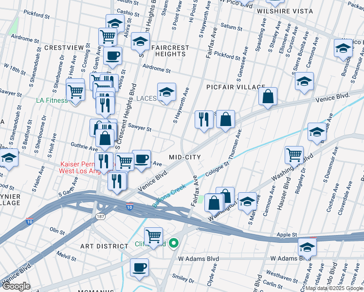 map of restaurants, bars, coffee shops, grocery stores, and more near 1871 South Orange Grove Avenue in Los Angeles