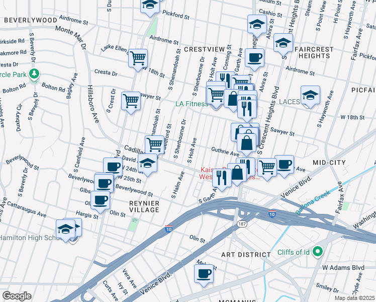 map of restaurants, bars, coffee shops, grocery stores, and more near 2001 South Holt Avenue in Los Angeles