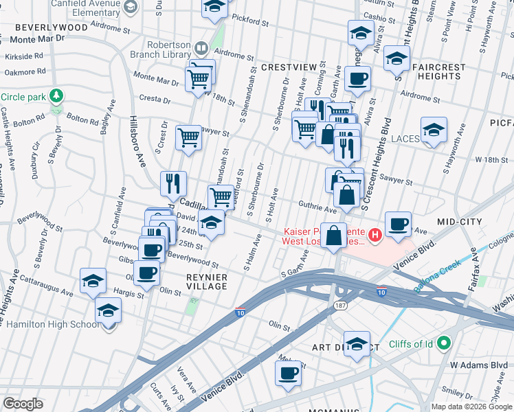 map of restaurants, bars, coffee shops, grocery stores, and more near 2015 South Sherbourne Drive in Los Angeles