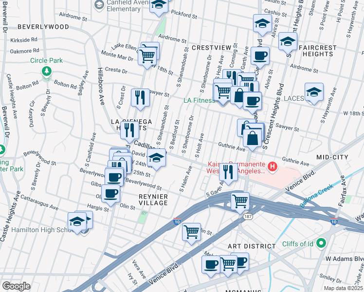 map of restaurants, bars, coffee shops, grocery stores, and more near 2015 South Sherbourne Drive in Los Angeles
