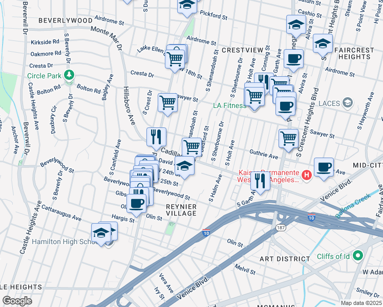 map of restaurants, bars, coffee shops, grocery stores, and more near 2021 South Bedford Street in Los Angeles
