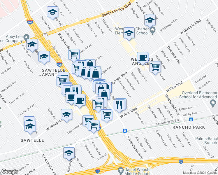 map of restaurants, bars, coffee shops, grocery stores, and more near 2146 South Bentley Avenue in Los Angeles