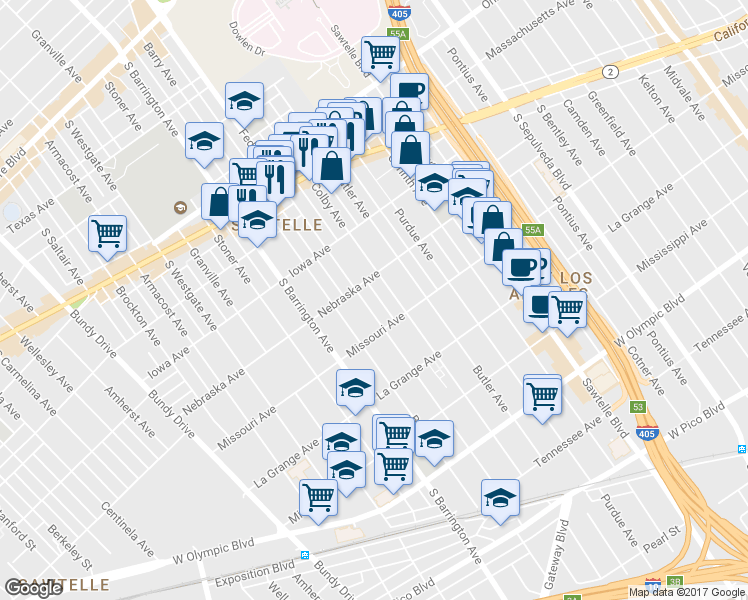 map of restaurants, bars, coffee shops, grocery stores, and more near 1810 Federal Avenue in Los Angeles
