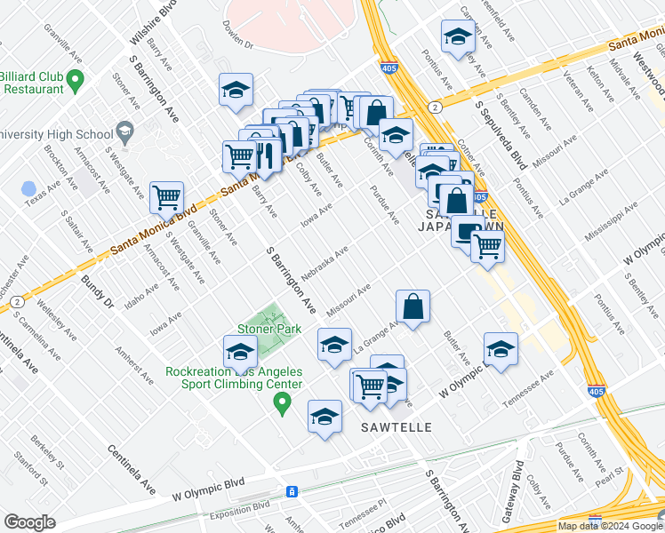 map of restaurants, bars, coffee shops, grocery stores, and more near 1810 Federal Avenue in Los Angeles