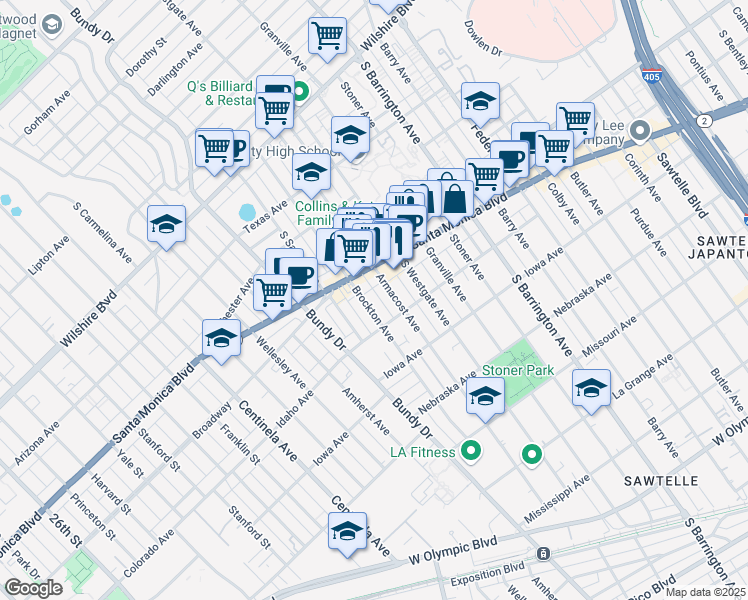 map of restaurants, bars, coffee shops, grocery stores, and more near 1530 Armacost Avenue in Los Angeles