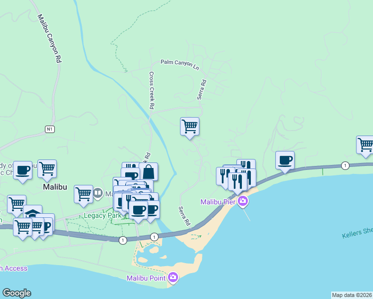 map of restaurants, bars, coffee shops, grocery stores, and more near 3611 Serra Road in Malibu