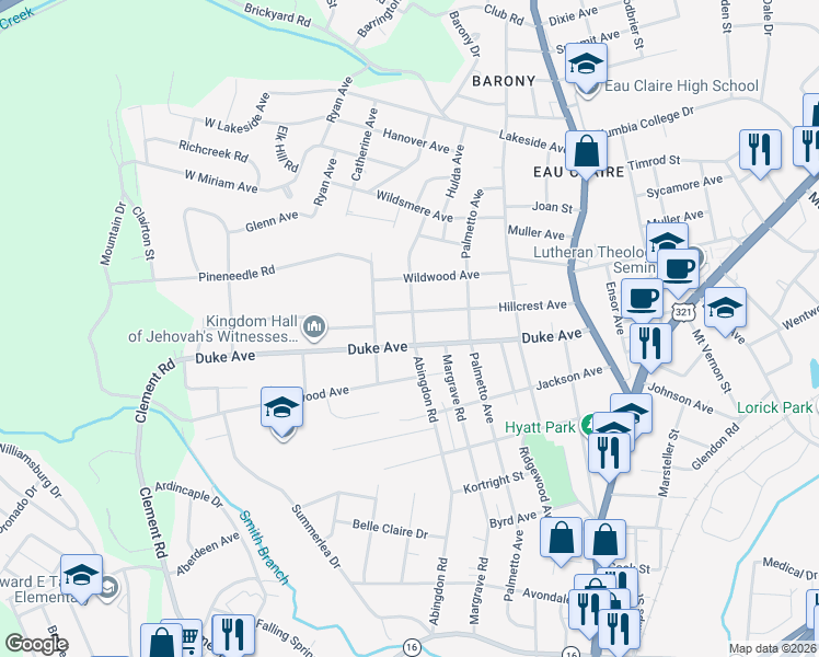 map of restaurants, bars, coffee shops, grocery stores, and more near 414 Hillcrest Avenue in Columbia