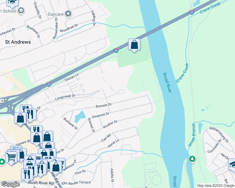 map of restaurants, bars, coffee shops, grocery stores, and more near 1800 Longcreek Drive in Columbia