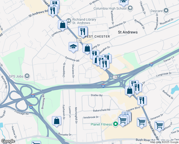 map of restaurants, bars, coffee shops, grocery stores, and more near 222 Old Manor Road in Columbia