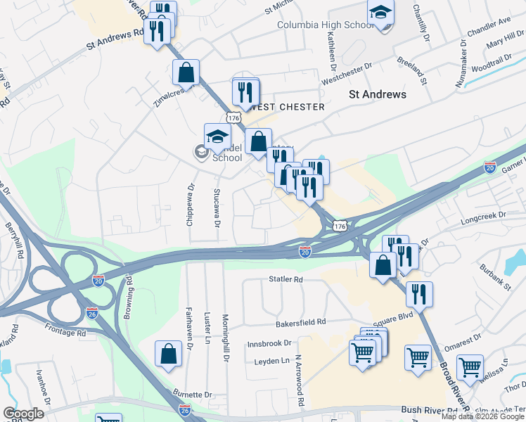 map of restaurants, bars, coffee shops, grocery stores, and more near 222 Old Manor Road in Columbia