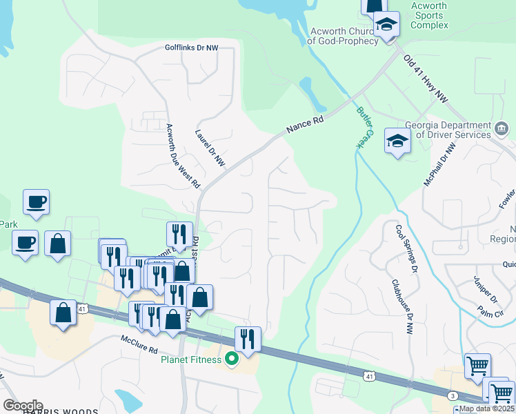 map of restaurants, bars, coffee shops, grocery stores, and more near 4170 Haynes Mill Court Northwest in Kennesaw