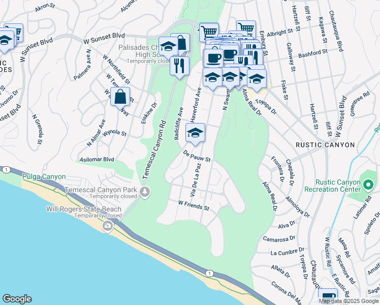 map of restaurants, bars, coffee shops, grocery stores, and more near 15449 De Pauw Street in Los Angeles