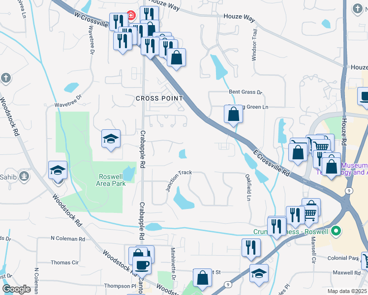 map of restaurants, bars, coffee shops, grocery stores, and more near 310 Brickleberry Drive in Roswell
