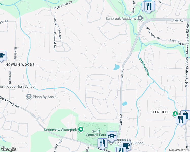 map of restaurants, bars, coffee shops, grocery stores, and more near 3358 English Oaks Drive Northwest in Kennesaw