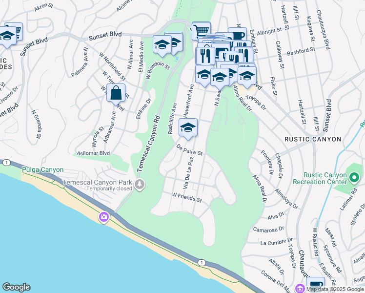 map of restaurants, bars, coffee shops, grocery stores, and more near 15449 De Pauw Street in Los Angeles