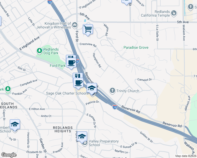 map of restaurants, bars, coffee shops, grocery stores, and more near 685 Bradbury Drive in Redlands