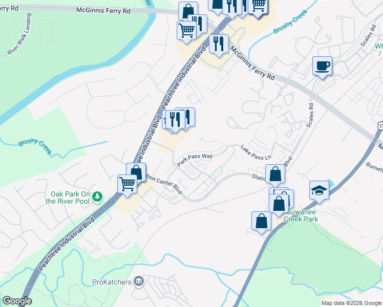 map of restaurants, bars, coffee shops, grocery stores, and more near 1271 Park Pass Way in Suwanee