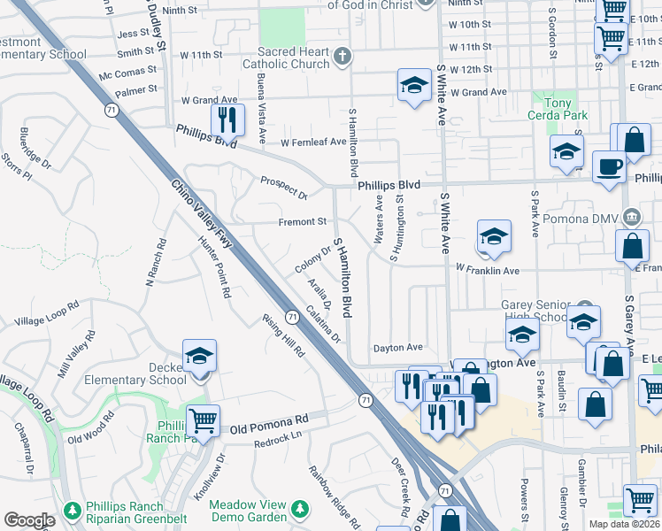 map of restaurants, bars, coffee shops, grocery stores, and more near 1696 Manor Circle in Pomona