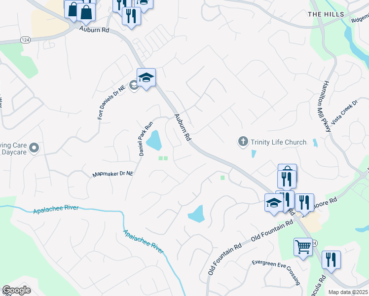 map of restaurants, bars, coffee shops, grocery stores, and more near 1589 Rocky Trail Lane in Dacula