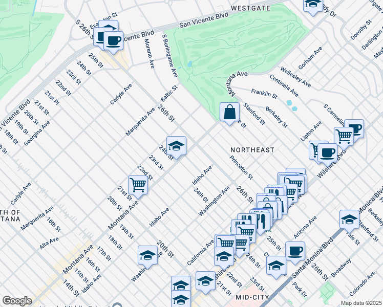 map of restaurants, bars, coffee shops, grocery stores, and more near in Santa Monica