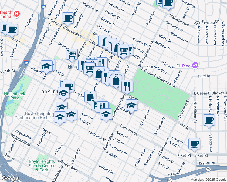 map of restaurants, bars, coffee shops, grocery stores, and more near 2820 East 1st Street in Los Angeles