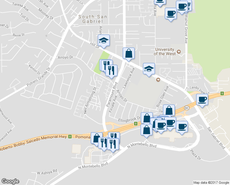 map of restaurants, bars, coffee shops, grocery stores, and more near 1737 Arroyo Drive in Montebello