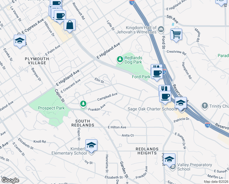 map of restaurants, bars, coffee shops, grocery stores, and more near 1320 Elm Street in Redlands