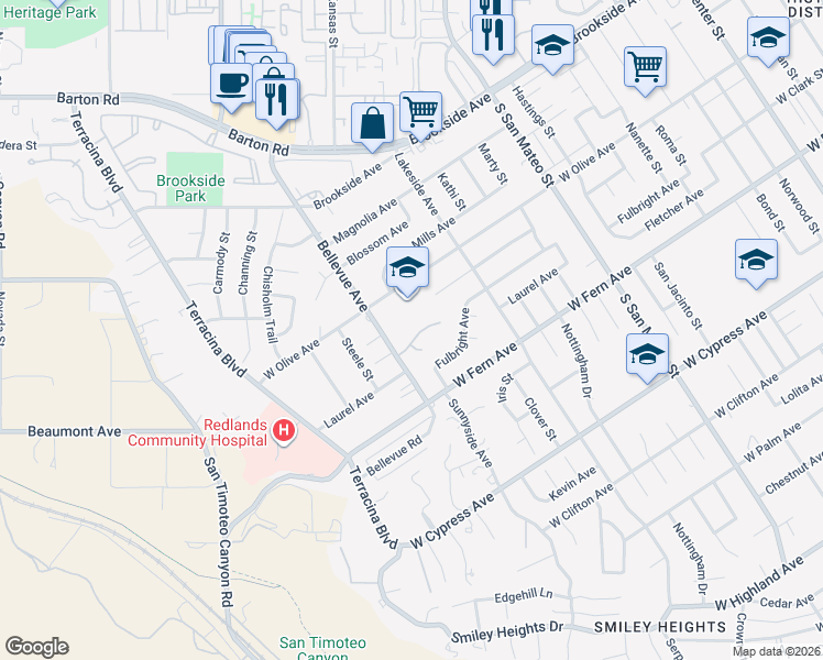 map of restaurants, bars, coffee shops, grocery stores, and more near 1438 Bella Vista Crescent in Redlands