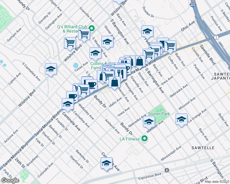 map of restaurants, bars, coffee shops, grocery stores, and more near 1530 Armacost Avenue in Los Angeles