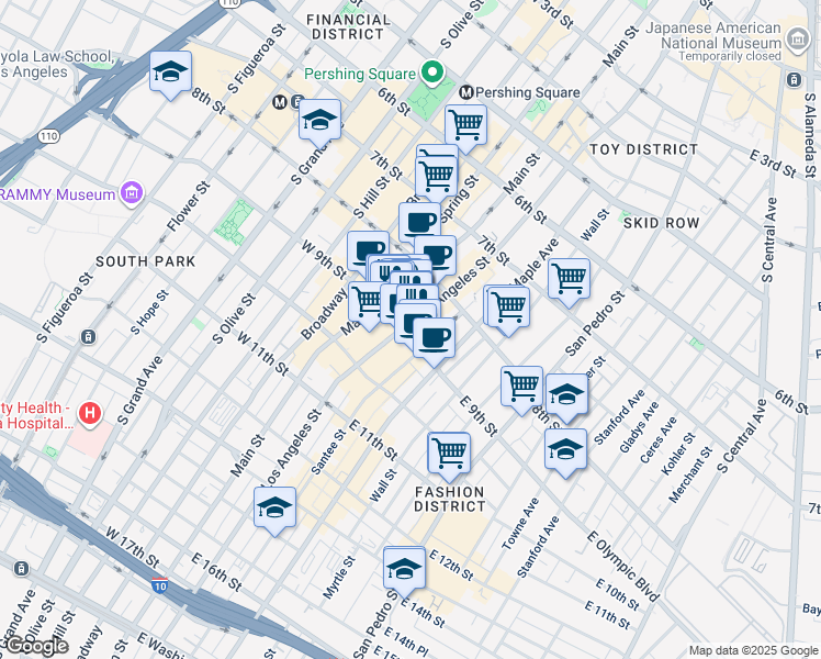 map of restaurants, bars, coffee shops, grocery stores, and more near 862 South Los Angeles Street in Los Angeles
