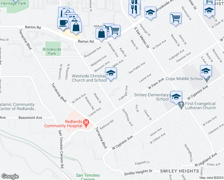 map of restaurants, bars, coffee shops, grocery stores, and more near 1438 Bella Vista Crescent in Redlands