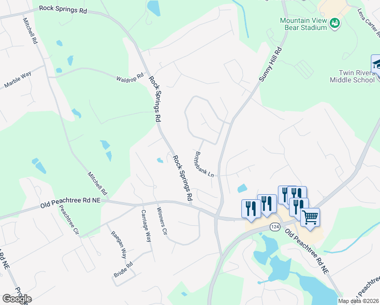 map of restaurants, bars, coffee shops, grocery stores, and more near 2311 Legare Court in Lawrenceville