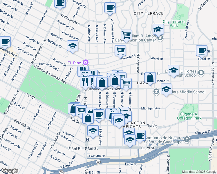 map of restaurants, bars, coffee shops, grocery stores, and more near 3505 East Cesar E Chavez Avenue in Los Angeles