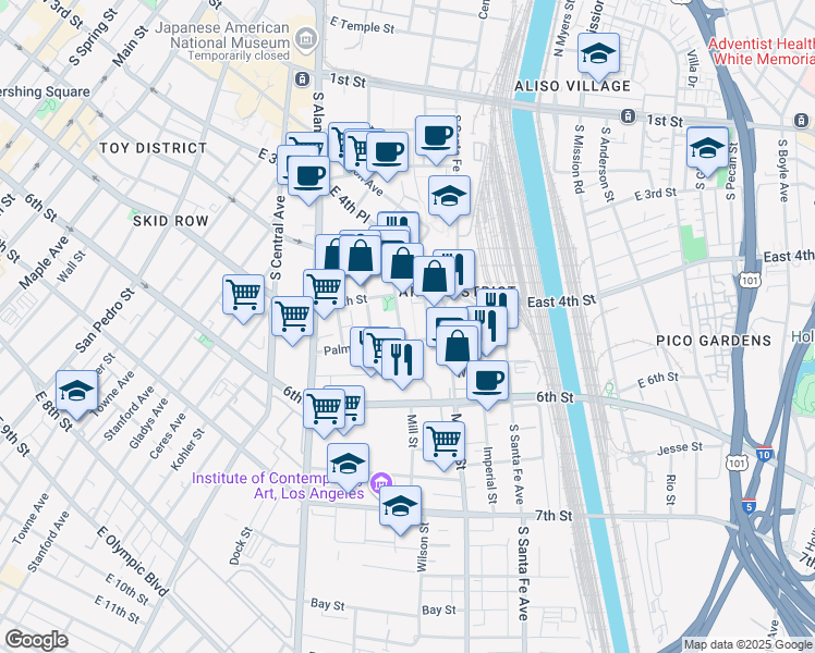 map of restaurants, bars, coffee shops, grocery stores, and more near 530 South Hewitt Street in Los Angeles