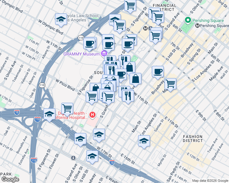 map of restaurants, bars, coffee shops, grocery stores, and more near 1155 South Grand Avenue in Los Angeles