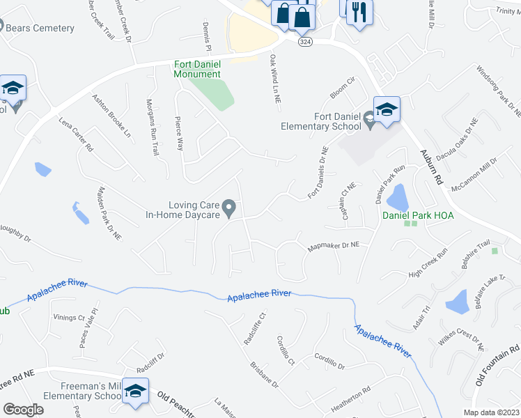 map of restaurants, bars, coffee shops, grocery stores, and more near 2590 Fort Daniels Drive Northeast in Dacula