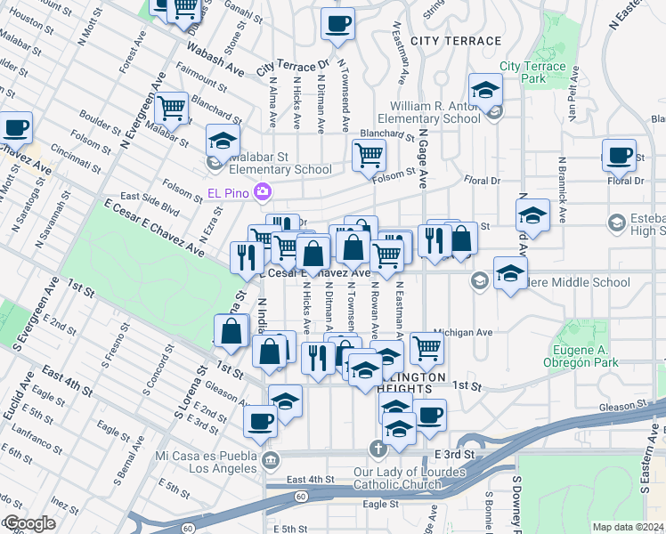 map of restaurants, bars, coffee shops, grocery stores, and more near 3505 East Cesar E Chavez Avenue in Los Angeles