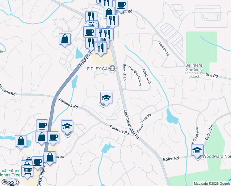 map of restaurants, bars, coffee shops, grocery stores, and more near 155 Abbotts Mill Drive in Johns Creek