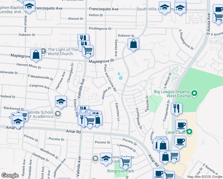 map of restaurants, bars, coffee shops, grocery stores, and more near 1815 Jennifer Place in West Covina