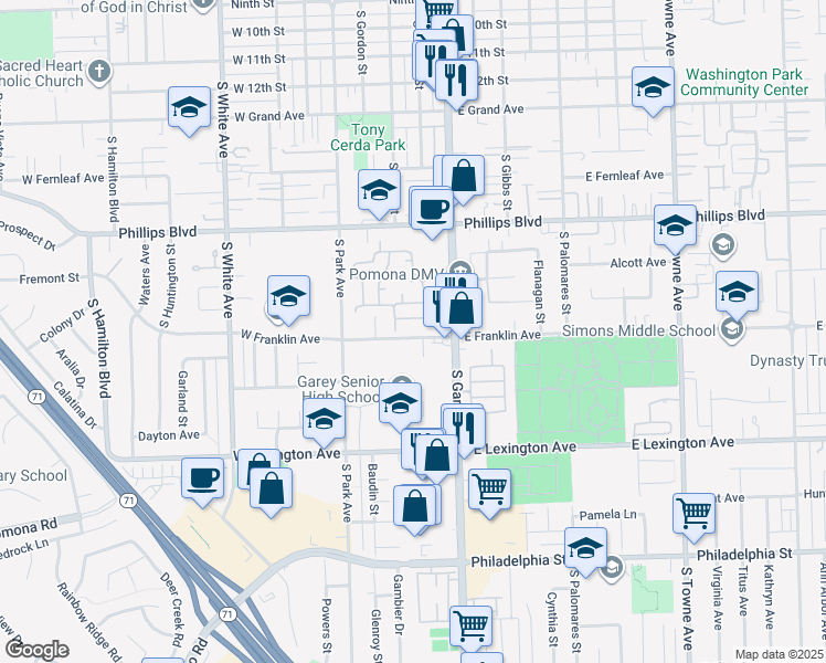 map of restaurants, bars, coffee shops, grocery stores, and more near 225 West Franklin Avenue in Pomona