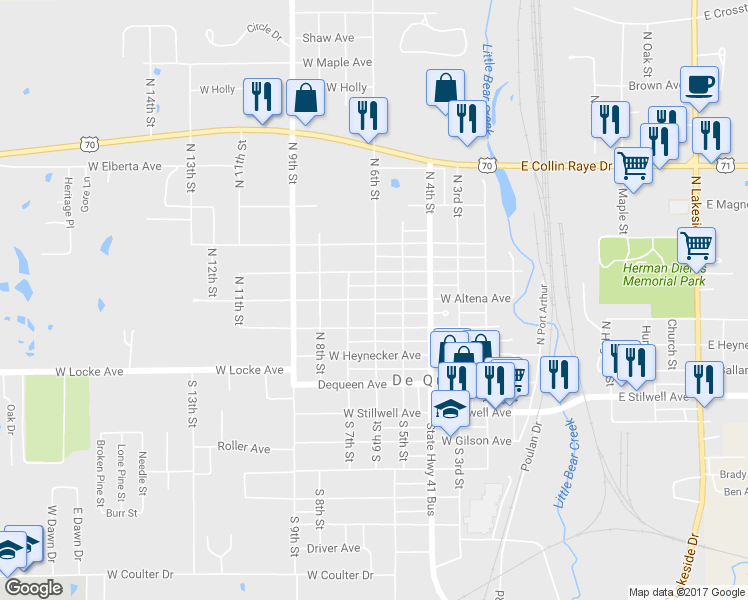 map of restaurants, bars, coffee shops, grocery stores, and more near 602 West Altena Avenue in De Queen