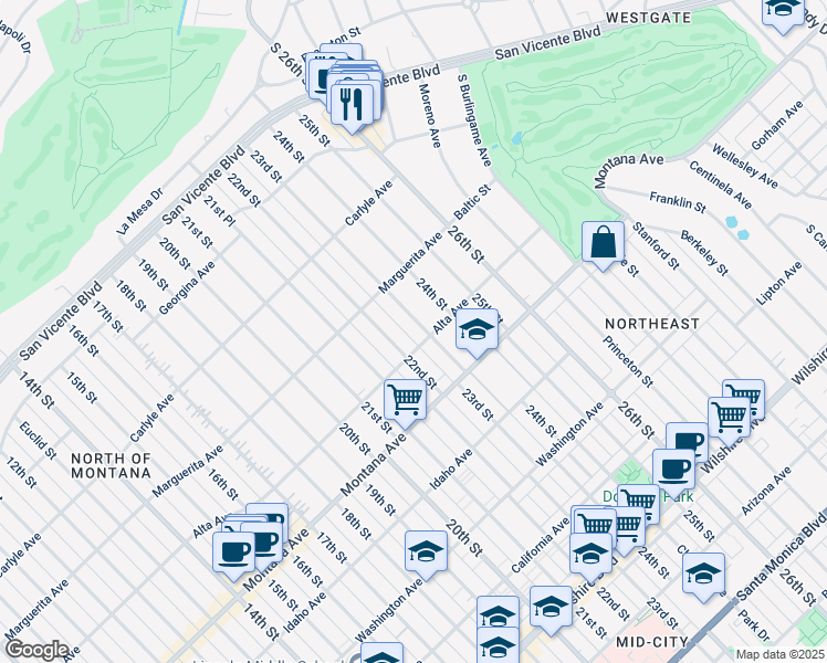map of restaurants, bars, coffee shops, grocery stores, and more near 624 23rd Street in Santa Monica