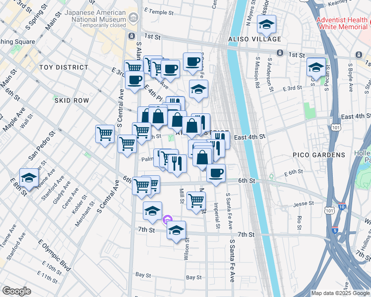 map of restaurants, bars, coffee shops, grocery stores, and more near 527 Molino Street in Los Angeles