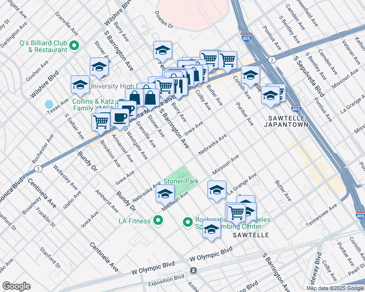 map of restaurants, bars, coffee shops, grocery stores, and more near 1717 South Barrington Avenue in Los Angeles